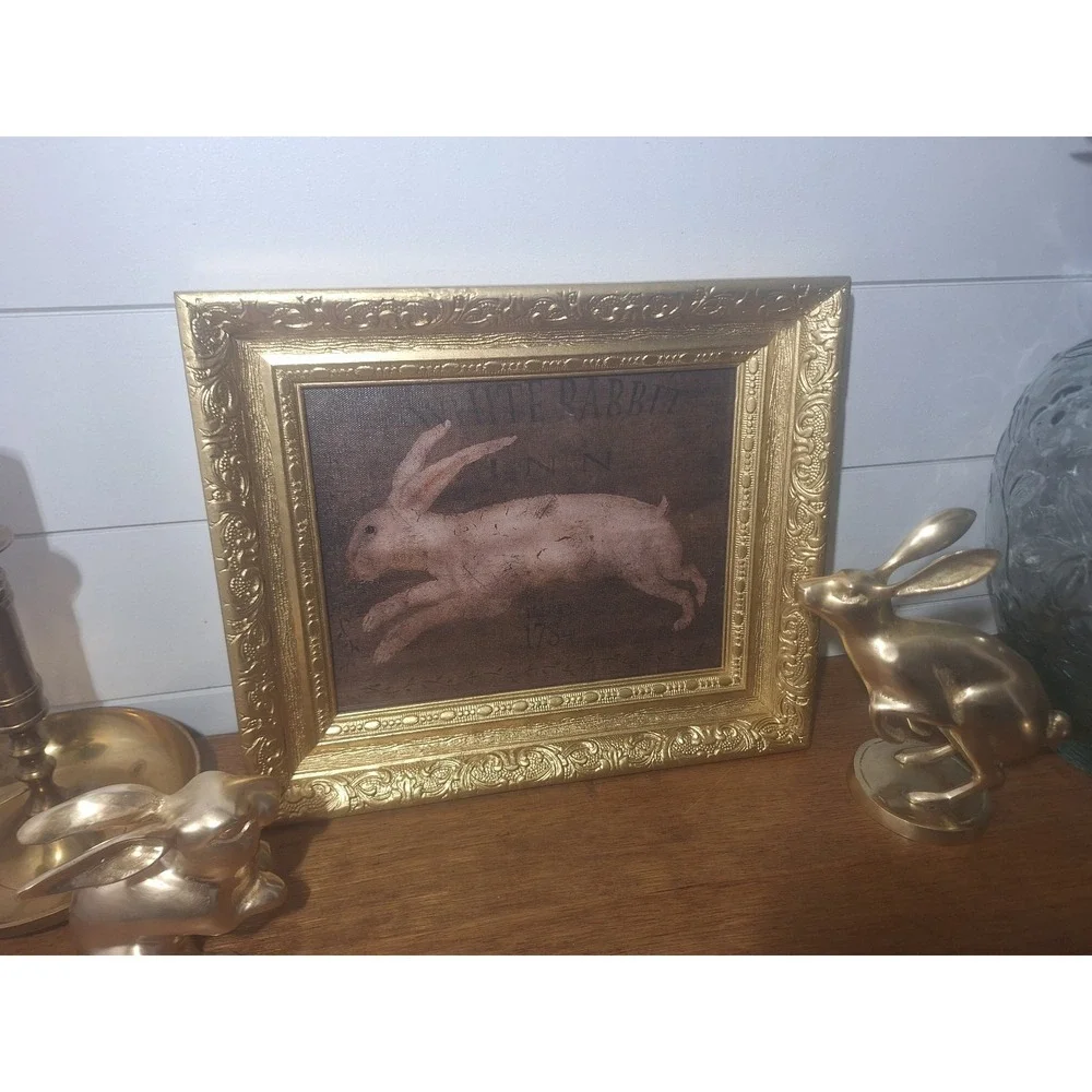 Vintage ornate gold wood frame with new canvas white rabbit print